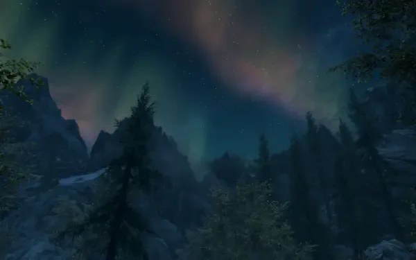 A captivating night sky with shimmering auroras illuminates a mountainous landscape, inspired by The Elder Scrolls V: Skyrim, creating an immersive video game environment.