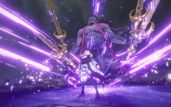 An HD wallpaper from the video game Fate/Samurai Remnant, featuring a character wielding powers amidst dynamic purple energy and a towering, imposing figure in the background.