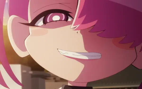 A vibrant HD wallpaper featuring a character from Aquarion: Myth of Emotions, showcasing a close-up of their mischievous smile and striking pink hair.