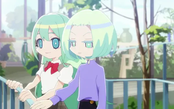 Two characters from Aquarion: Myth of Emotions stand together in a lush, bright setting, evoking a sense of connection and tranquility in this HD anime desktop wallpaper.