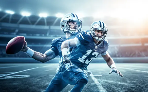 A dynamic 4K Ultra HD wallpaper featuring a quarterback in action, showcasing skill and athleticism on a vibrant stadium backdrop.