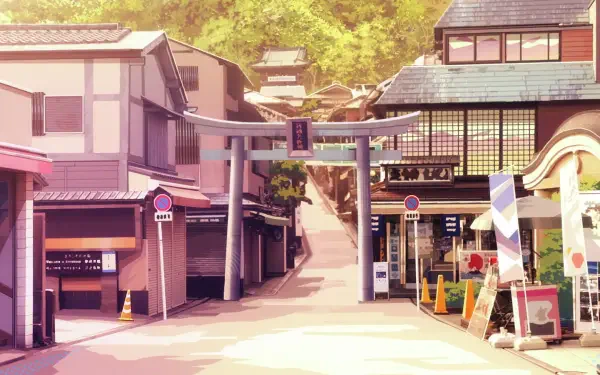 HD anime desktop wallpaper from Aquarion: Myth of Emotions featuring a serene city street with traditional Japanese architecture and a torii gate.