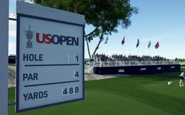An HD PC desktop wallpaper featuring the first hole of the US Open in PGA TOUR 2K25, showcasing a scoreboard with yardage and par details against a vibrant golf course backdrop.