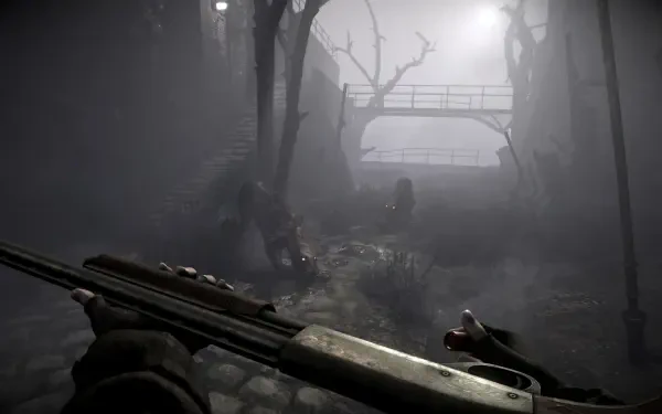 A chilling 4K Ultra HD wallpaper from the video game Total Chaos, featuring a dark, foggy landscape with a character holding a shotgun amidst eerie silhouettes and twisted trees.