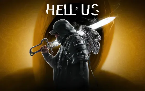 A striking 4K Ultra HD wallpaper from the video game Hell is Us, featuring a hooded figure wielding a sword against a dramatic background.