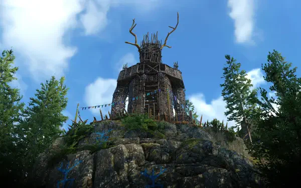 A stunning 4K Ultra HD wallpaper from the video game Atomfall, featuring a towering structure embellished with antlers, set against a vibrant sky and surrounded by lush trees.