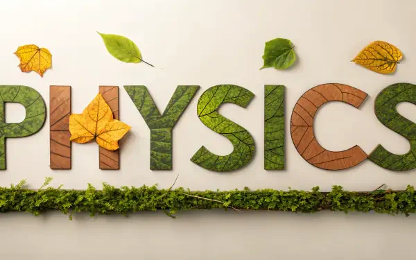 A creative depiction of the word PHYSICS adorned with green and colorful leaves, set against a light background, perfect as a 4K Ultra HD desktop wallpaper.