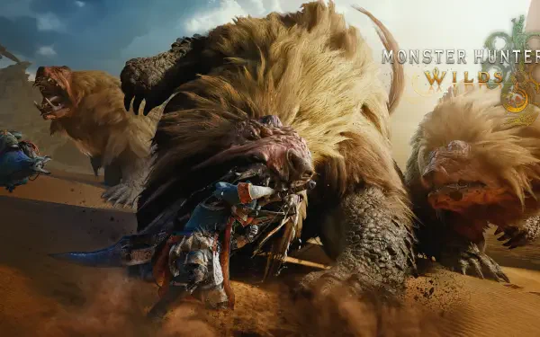 4K Ultra HD Monster Hunter Wilds wallpaper featuring armored hunters battling massive, ferocious beasts in a dynamic desert setting on a PC desktop background.