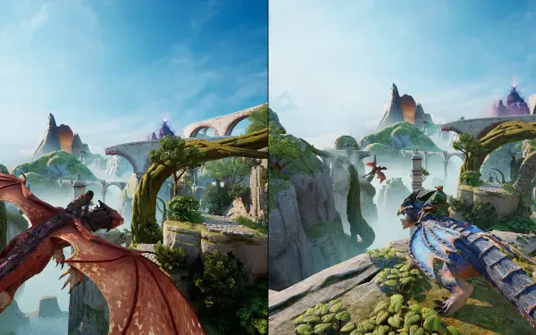 A stunning HD PC desktop wallpaper from the video game Split Fiction, showcasing a vibrant landscape with two dragons soaring over lush, mystical terrains under a clear blue sky.