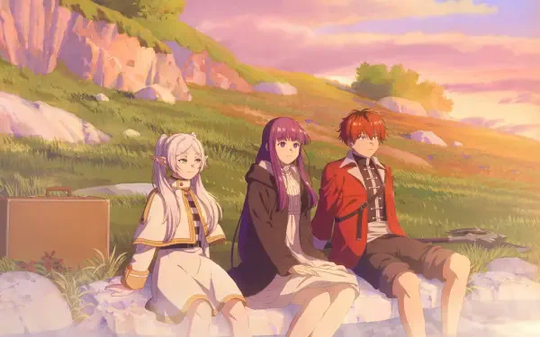 HD PC wallpaper featuring anime characters Frieren, Fern, and Stark from Frieren: Beyond Journey's End sitting together in a scenic sunset landscape.