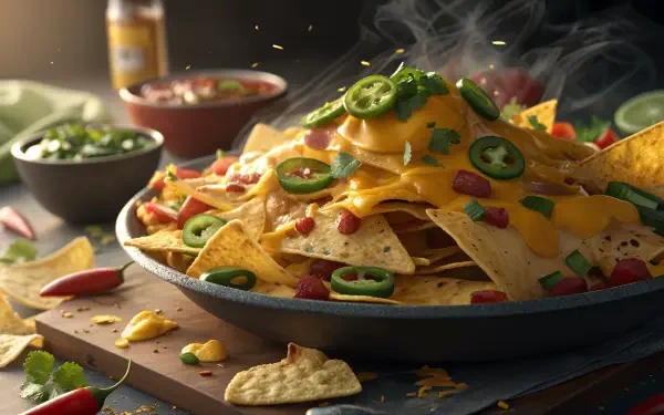 A steaming plate of nachos topped with melted cheese, jalapeños, and diced tomatoes, set against a vibrant background. This enticing image serves as a 4K Ultra HD desktop wallpaper.