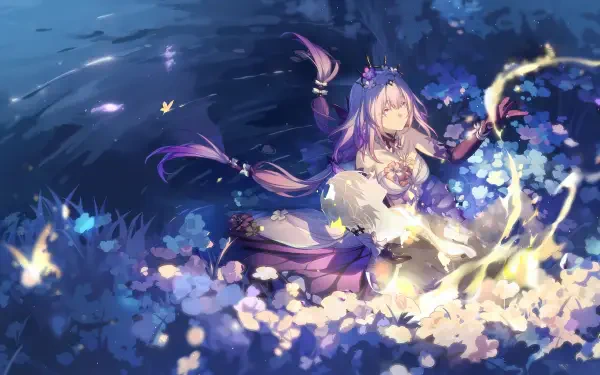 A captivating 4K Ultra HD wallpaper featuring Castorice from Honkai: Star Rail, surrounded by glowing flowers and a serene water backdrop, evoking a magical atmosphere.