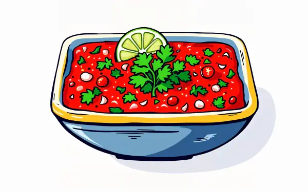 Illustration of a vibrant salsa dip garnished with cilantro and a lime wedge in a blue bowl, designed as a 4K Ultra HD PC desktop wallpaper background.