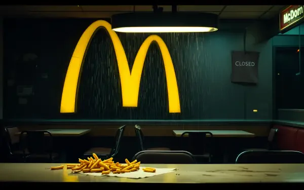 A McDonald's interior scene featuring a large golden arches logo, scattered fries on a table, and a CLOSED sign, captured in 4K Ultra HD quality for desktop wallpaper.