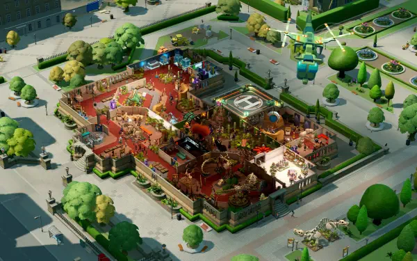 A vibrant screenshot from Two Point Museum, showcasing an intricately designed layout filled with attractions, colorful decor, and lush greenery, presented as a high-definition PC desktop wallpaper.