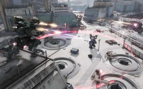 A dynamic 4K Ultra HD desktop wallpaper from the video game War Robots: Frontiers, showcasing intense combat between towering robots in a futuristic urban environment.