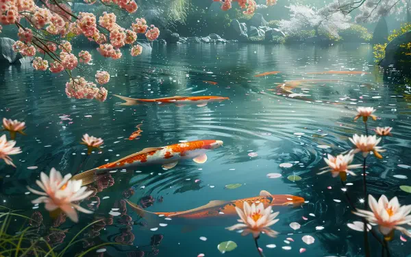 A serene lake features koi fish swimming among pink cherry blossoms and blooming water lilies, creating a tranquil and vibrant desktop wallpaper.