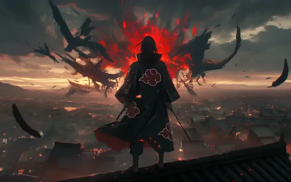 A dynamic HD wallpaper featuring Itachi Uchiha from Naruto, standing against a dramatic red backdrop with Akatsuki motifs, overlooking the village of Konohagakure.
