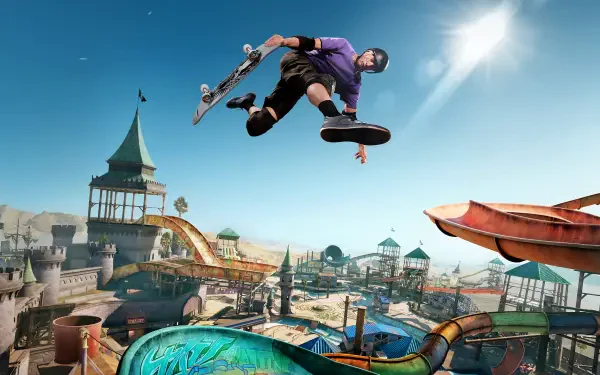 A dynamic scene from Tony Hawk's Pro Skater 3 + 4, featuring a skateboarder performing a trick high above a colorful skate park under a clear blue sky, serving as an HD PC desktop wallpaper.