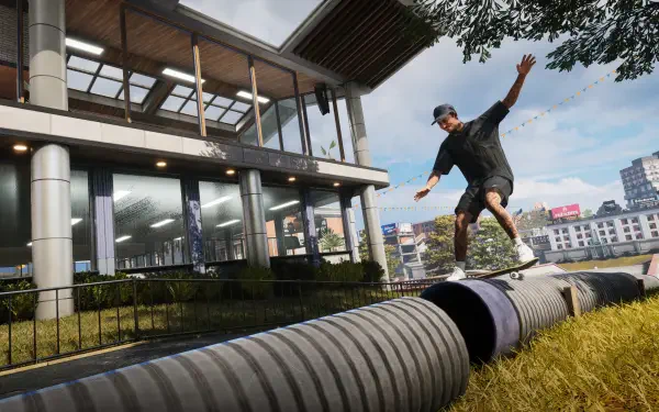 A dynamic scene from Tony Hawk's Pro Skater 3 + 4, featuring a skateboarder performing tricks on a pipe outside a stylish modern building, captured in stunning 4K Ultra HD.