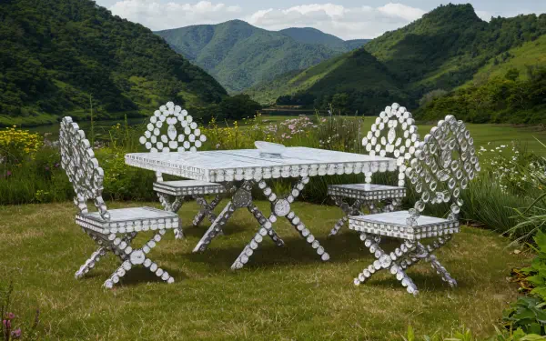 A striking picnic table set with unique design stands on a lush green lawn, surrounded by rolling hills and mountains, captured in vibrant 4K Ultra HD quality.