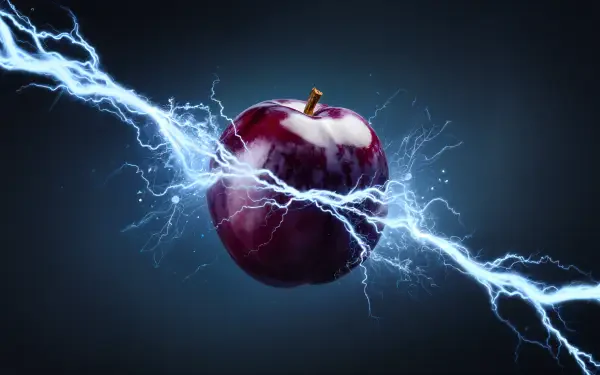 A vibrant plum is depicted against a dark background, surrounded by dynamic, electric blue lightning, creating a striking contrast in this 4K Ultra HD desktop wallpaper.