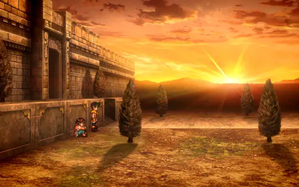 A stunning HD wallpaper from Suikoden I&II HD Remaster, featuring a dramatic sunset over a vast landscape, with characters near an ancient fortress, evoking the Gate Rune and Dunan Unification Wars.
