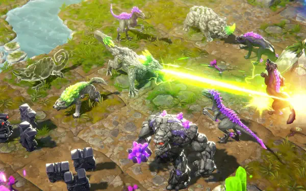 A vibrant 4K Ultra HD wallpaper from Eldrador Creatures Shadowfall, showcasing a dynamic scene with various creatures battling in a richly detailed environment.