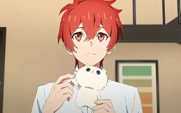 A character from the anime UniteUp! Uni: Birth holds a small plush toy, displaying a thoughtful expression. This HD image serves as an engaging desktop wallpaper or background.