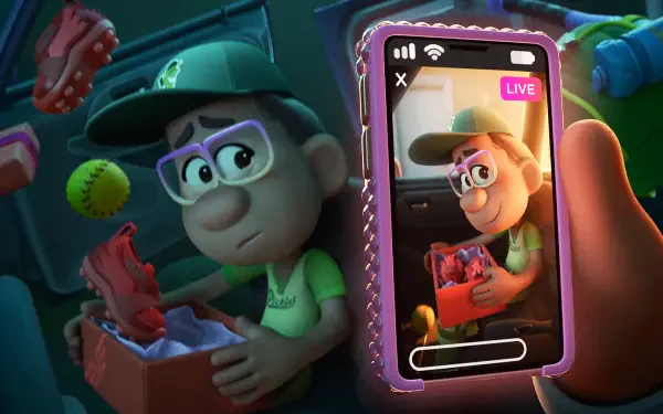 A scene from the movie Win or Lose, featuring a character looking worried while holding a box, with a phone displaying a live stream of the moment. High-definition wallpaper.