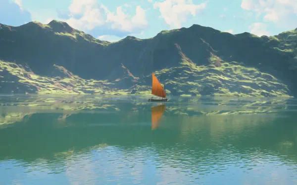 A serene landscape from the movie Flow (2024) featuring a vibrant orange sailboat gliding across a calm lake, surrounded by lush mountains and a clear blue sky. HD wallpaper.