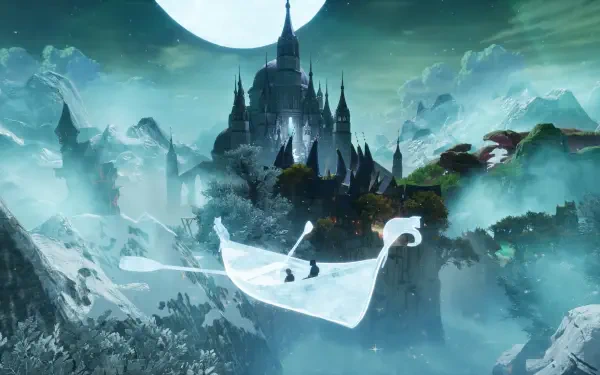 A mystical scene from the video game Split Fiction, featuring a serene landscape with a floating boat against a moonlit castle and ethereal mountains, designed as an HD PC wallpaper.