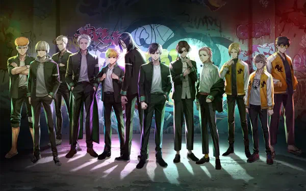 HD anime desktop wallpaper featuring the full cast of Wind Breaker standing confidently against a graffiti-covered wall with dramatic lighting.