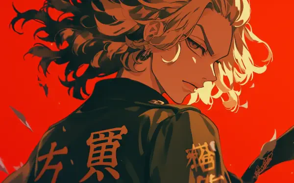 An HD desktop wallpaper featuring Mikey Manjiro Sano from Tokyo Revengers, set against a striking red background, showcasing dynamic anime artistry.