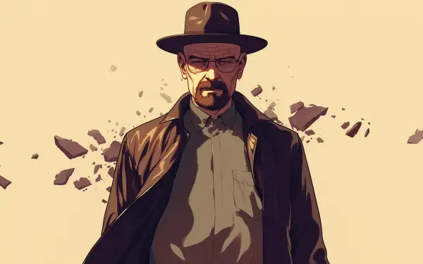 A stylish HD wallpaper featuring Walter White from the TV show Breaking Bad, showcasing his iconic look against a backdrop of exploding debris.