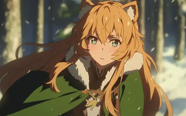An HD wallpaper featuring Raphtalia from The Rising of the Shield Hero, displaying her with cat-like ears and flowing orange hair, set against a forest backdrop.