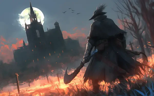 A shadowy assassin stands in a fiery landscape, gazing at a dark castle under a full moon, capturing a dramatic and mysterious atmosphere in this striking HD PC desktop wallpaper.