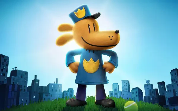 4K Ultra HD wallpaper featuring Dog Man from the 2025 movie, standing confidently in a city park with a bright sky backdrop.