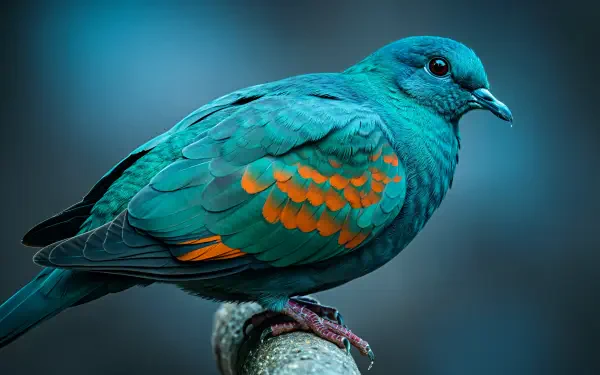 A vibrant dove perched on a branch, showcasing stunning teal feathers with orange accents, set against a soft blue background, perfect for a 4K Ultra HD PC desktop wallpaper.