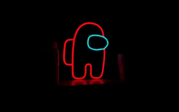 A vibrant 4K Ultra HD wallpaper featuring a neon red Among Us character against a dark background, embodying the playful and mysterious vibe of the popular video game.