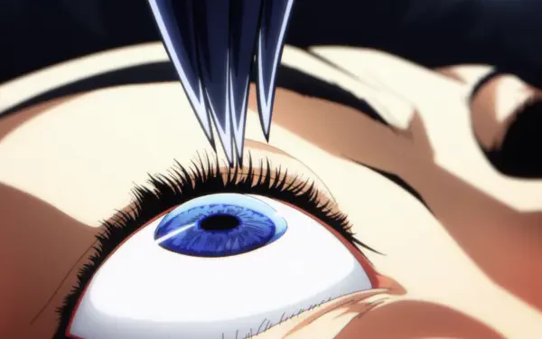 Close-up of Sung Jin-Woo from Solo Leveling, featuring striking anime eyes, set against a dark background, designed as an HD PC desktop wallpaper.