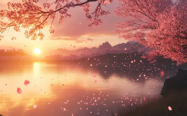 A serene landscape featuring a lake at sunset, surrounded by cherry blossoms and vibrant fall leaves, creating a breathtaking HD desktop wallpaper scene.