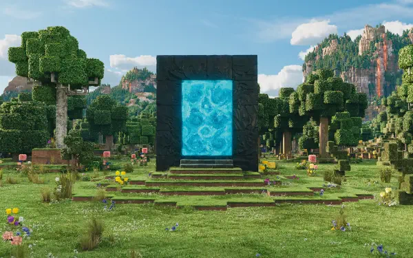 HD PC desktop wallpaper showcasing a vibrant Minecraft scene with a glowing Nether portal surrounded by trees and mountains from The Minecraft Movie.