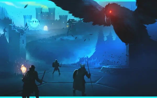 A captivating HD PC desktop wallpaper from the video game Nordhold, featuring a dark, atmospheric scene with shadowy figures, a looming owl, and an ancient castle backdrop.