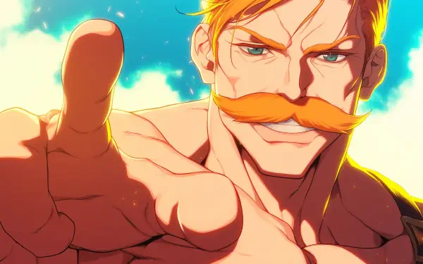HD wallpaper featuring Escanor from *The Seven Deadly Sins*, showcasing his confident expression and iconic mustache against a bright sky background.
