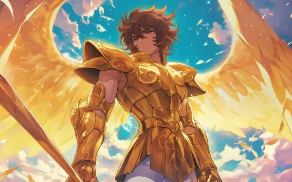 A dynamic HD wallpaper featuring Pegasus Seiya from Saint Seiya, adorned in golden armor with majestic wings, set against a vibrant sky filled with clouds.