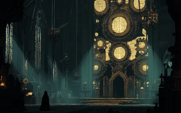 A captivating pixel art scene of a steampunk cathedral, featuring intricate gears and large stained glass windows illuminated by soft beams of light. Ideal for an HD desktop wallpaper.
