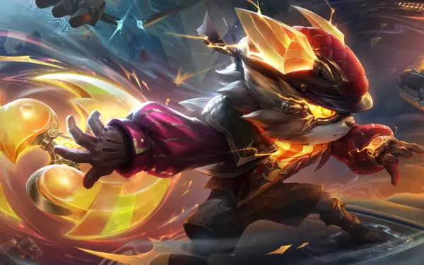 Vibrant 8K Ultra HD wallpaper featuring Kennen from League of Legends, showcasing dynamic action with electric effects and striking colors in a fantasy setting.