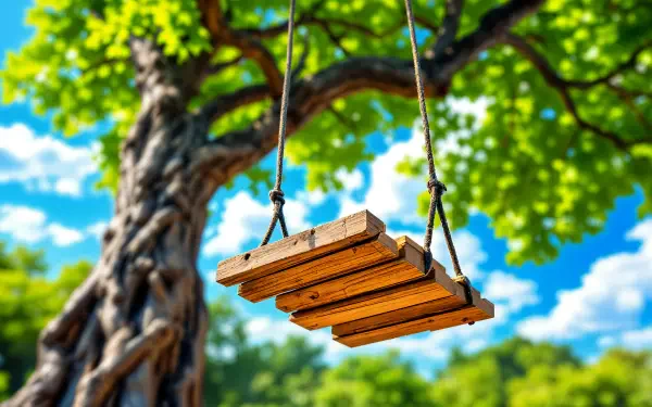 A wooden tree swing hangs from a vibrant green tree under a bright blue sky, captured in stunning 4K Ultra HD resolution for a captivating desktop wallpaper.