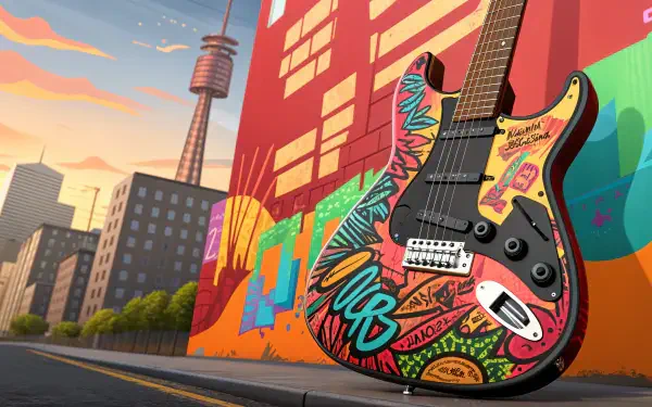 A vibrant electric guitar stands against a colorful urban mural, showcasing an artistic backdrop of buildings and a tower, all in stunning 4K Ultra HD resolution.